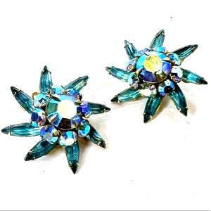 Vintage Judy Lee Turquoise Blue Rhinestone Earrings Tiered Starburst Sunburst